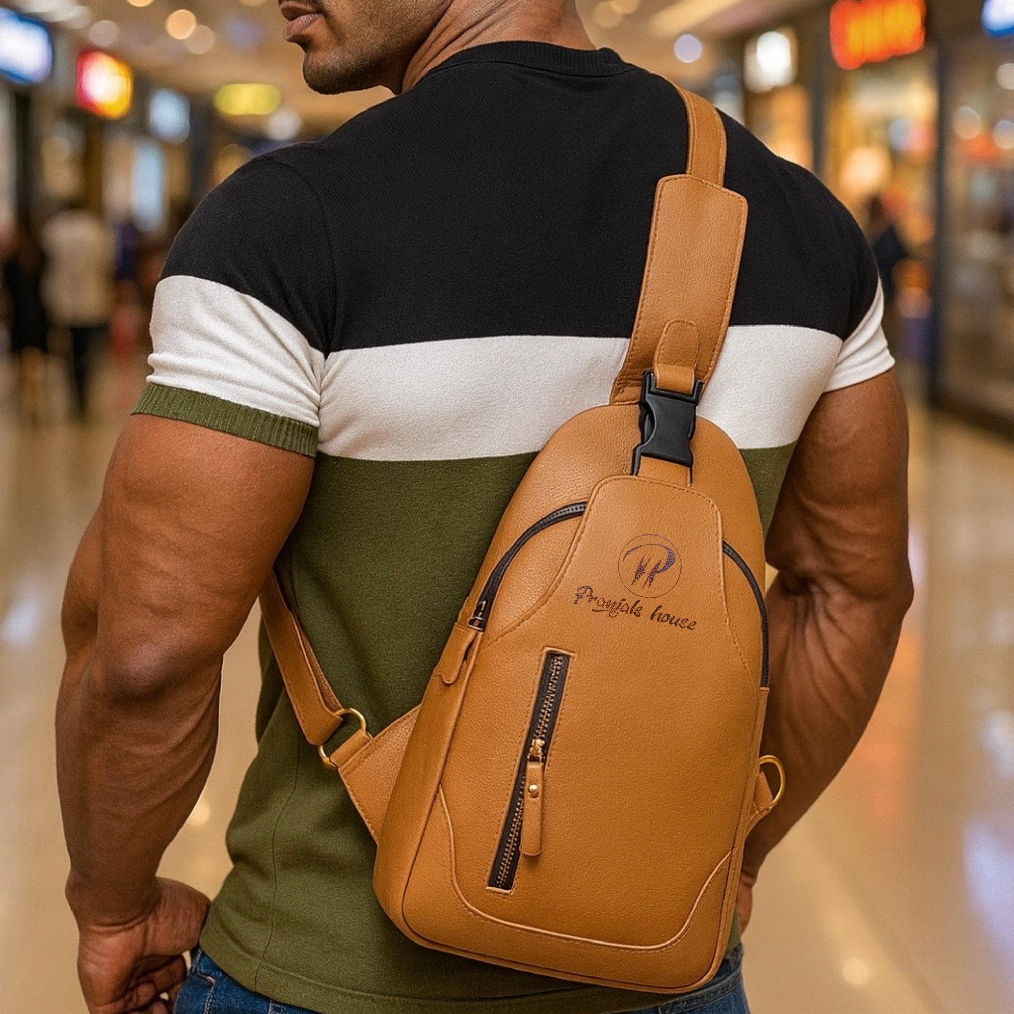 Leather Sling Cross Body Travel Bag with Metal Zippers Sling Bag Messenger Bag for Unisex-Tan